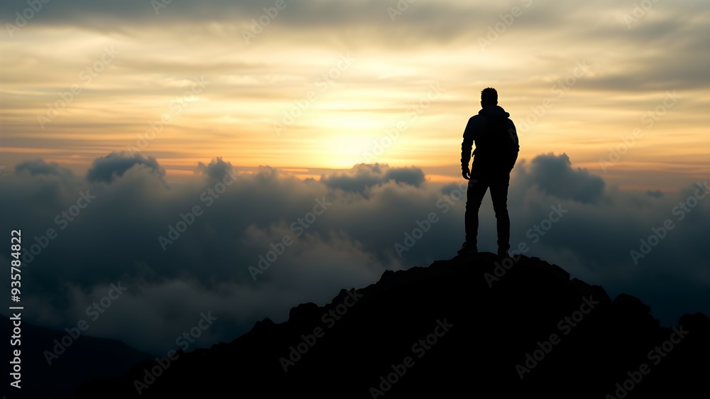 Silhouette of a person with a backpack on rugged terrain at sunrise Silhouette of a person with a backpack on rugged terrain at sunrise