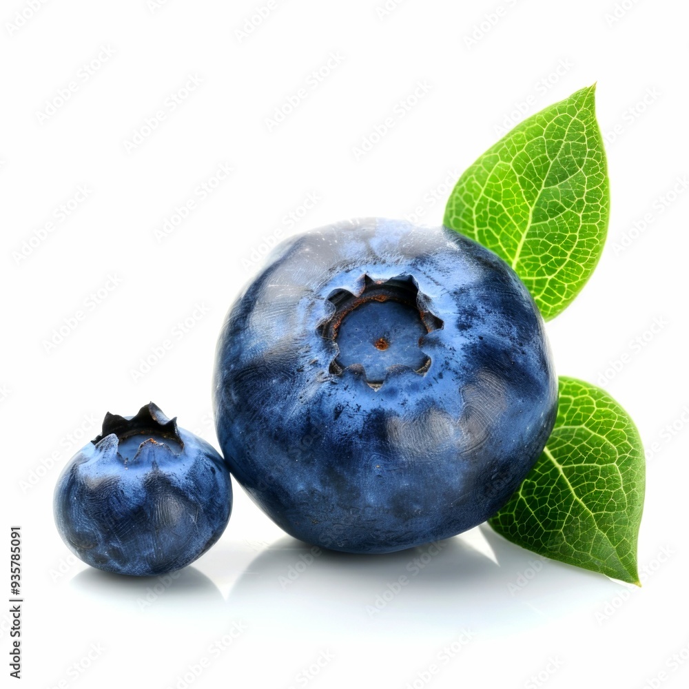 Close-up of Two Blueberries and Green Leaves Close-up of Two Blueberries and Green Leaves