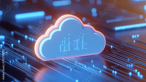 Futuristic cloud computing concept with glowing cloud symbol on a digital circuit board, representing data storage and technology innovation.