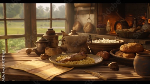 Rustic Kitchen Table with Sunlit Window and Rustic Items photo