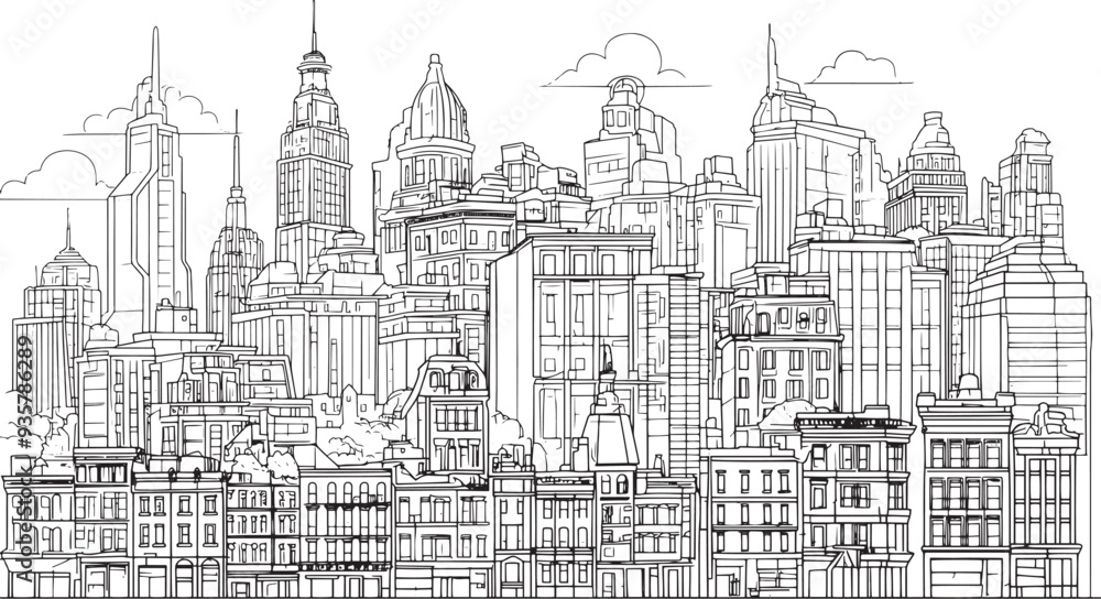 City landscape. Line urban backdrop. Skyline with clouds, different buildings on street, doodle street draw, outline cityscape hand sketch, flat houses. Hand drawn vector illustration City landscape. Line urban backdrop. Skyline with clouds, different buildings on street, doodle street draw, outline cityscape hand sketch, flat houses. Hand drawn vector illustration