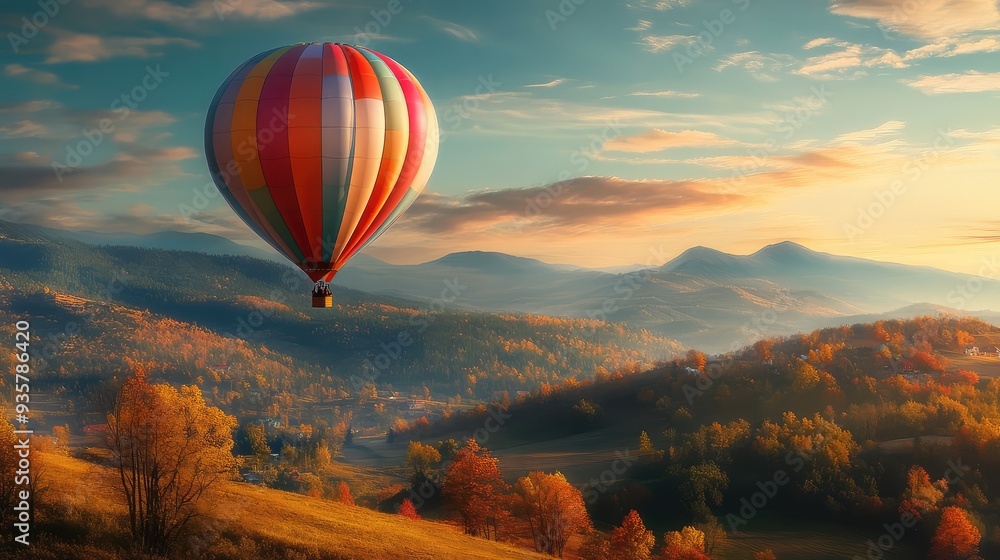 Fototapeta premium Multicolored hot air balloon flying over autumn landscape in nature. The generation of AI
