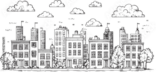 City landscape. Line urban backdrop. Skyline with clouds, different buildings on street, doodle street draw, outline cityscape hand sketch, flat houses. Hand drawn vector illustration