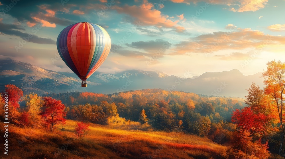 Fototapeta premium Multicolored hot air balloon flying over autumn landscape in nature. The generation of AI
