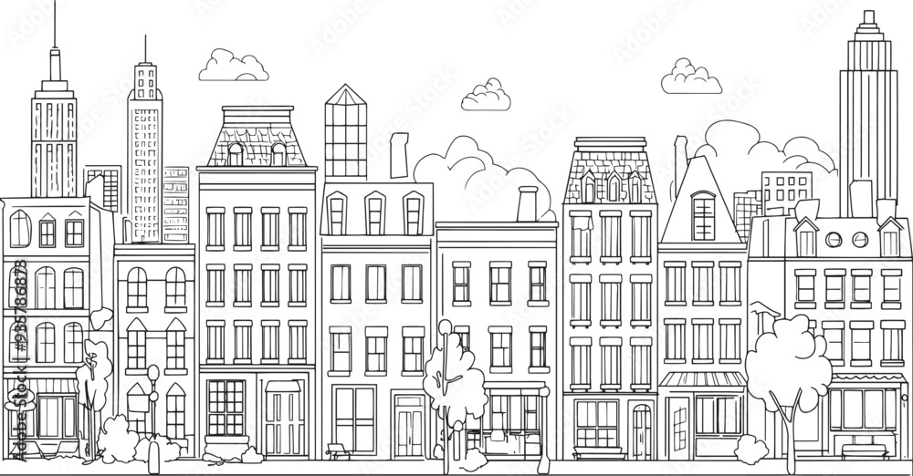 City landscape. Line urban backdrop. Skyline with clouds, different buildings on street, doodle street draw, outline cityscape hand sketch, flat houses. Hand drawn vector illustration City landscape. Line urban backdrop. Skyline with clouds, different buildings on street, doodle street draw, outline cityscape hand sketch, flat houses. Hand drawn vector illustration