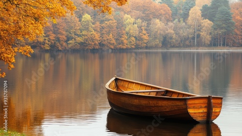 Old wooden row boat on calm lake water with autumn trees. The generation of AI