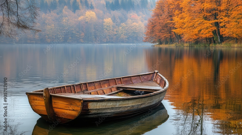 Obraz premium Old wooden row boat on calm lake water with autumn trees. The generation of AI