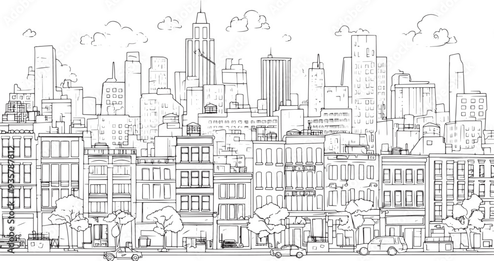 Fototapeta premium City landscape. Line urban backdrop. Skyline with clouds, different buildings on street, doodle street draw, outline cityscape hand sketch, flat houses. Hand drawn vector illustration