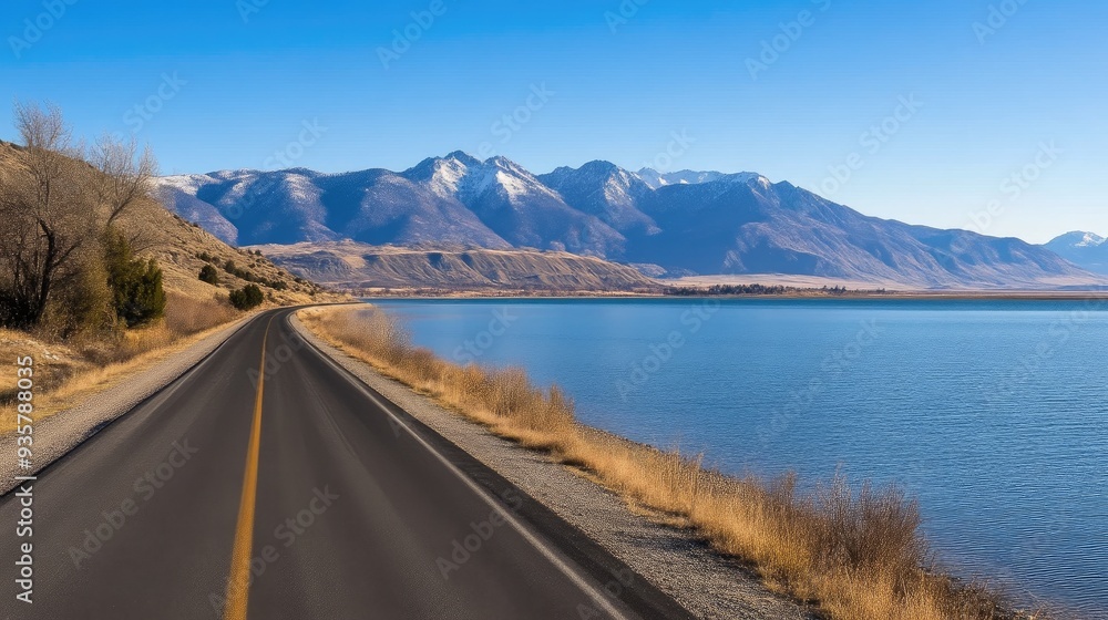 Beautiful Road Curving Around Lake with Mountain Horizon Beautiful Road Curving Around Lake with Mountain Horizon