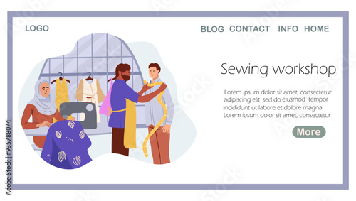 Landing page sewing workshop, hand drawn vector illustration.