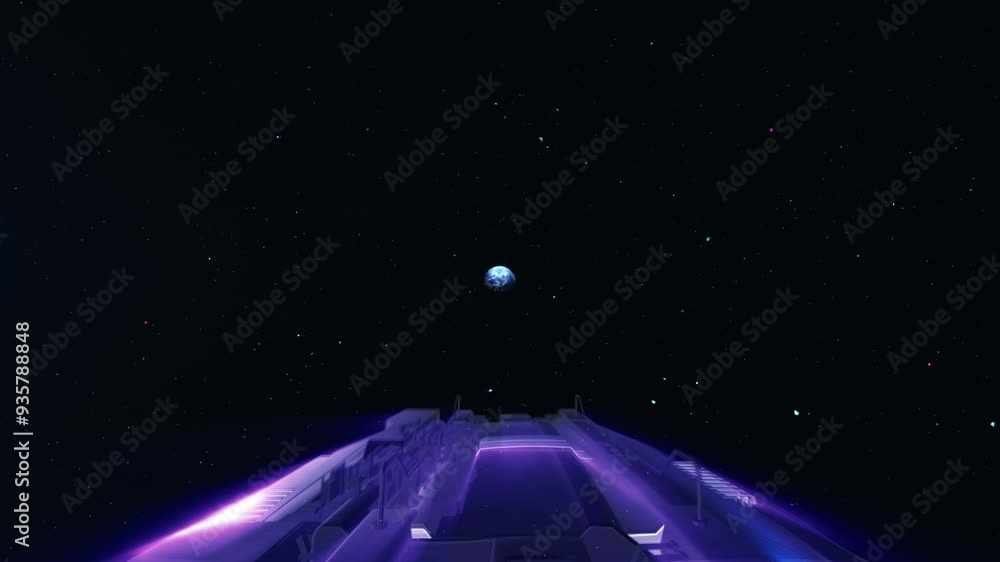 This stock motion graphic shows a spaceship flying towards planet earth. This stock motion graphic shows a spaceship flying towards planet earth.
