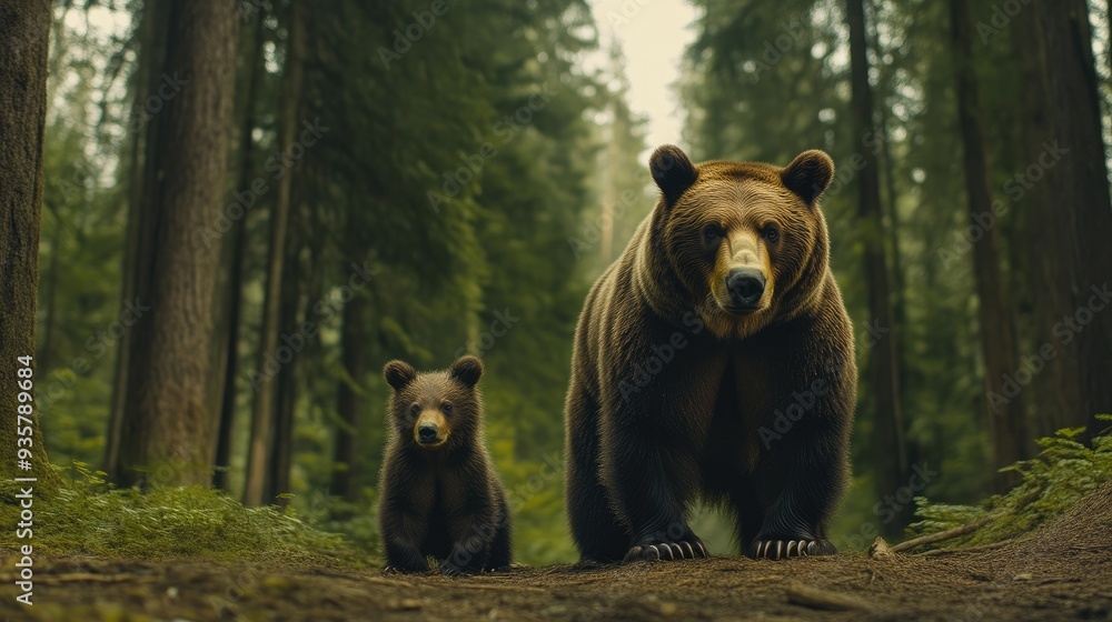 Majestic Grizzly Bear and Cub Amidst Towering Forest Trees Majestic Grizzly Bear and Cub Amidst Towering Forest Trees