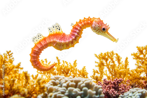 A vibrant seahorse swimming among colorful coral. photo