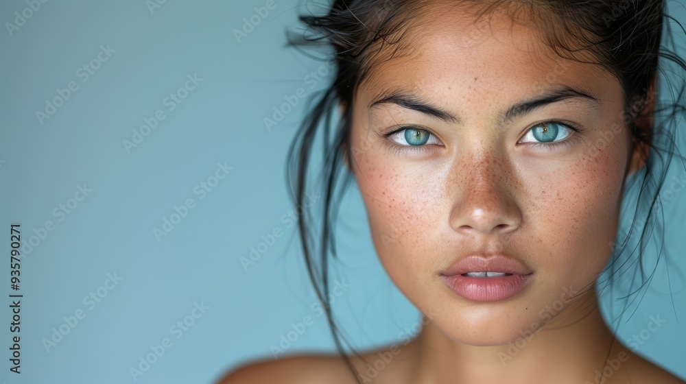 A woman with blue eyes and a tan complexion A woman with blue eyes and a tan complexion