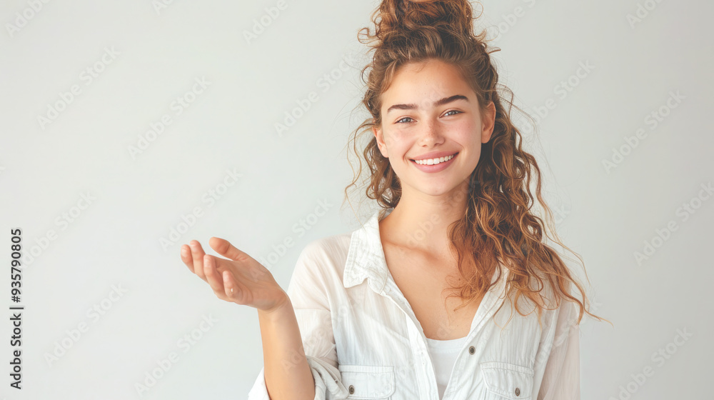 A woman makes a presentation gesture. A woman makes a presentation gesture.