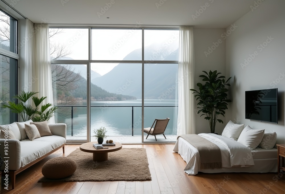 Fototapeta premium Cozy Lake House Retreat: Soft Carpets, Wooden Table, and Big Screen TV