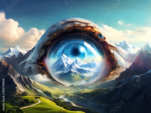 Create a surreal digital image of a giant eye emerging from a mountain range, watching over a serene valley. photo