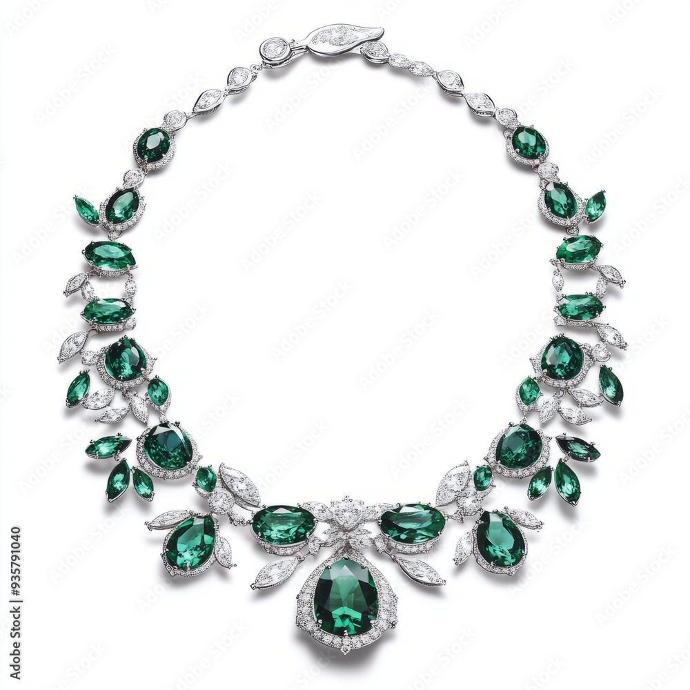 Emerald and Platinum Necklace: Lush Emerald Isle Design - Isolated on White Emerald and Platinum Necklace: Lush Emerald Isle Design - Isolated on White