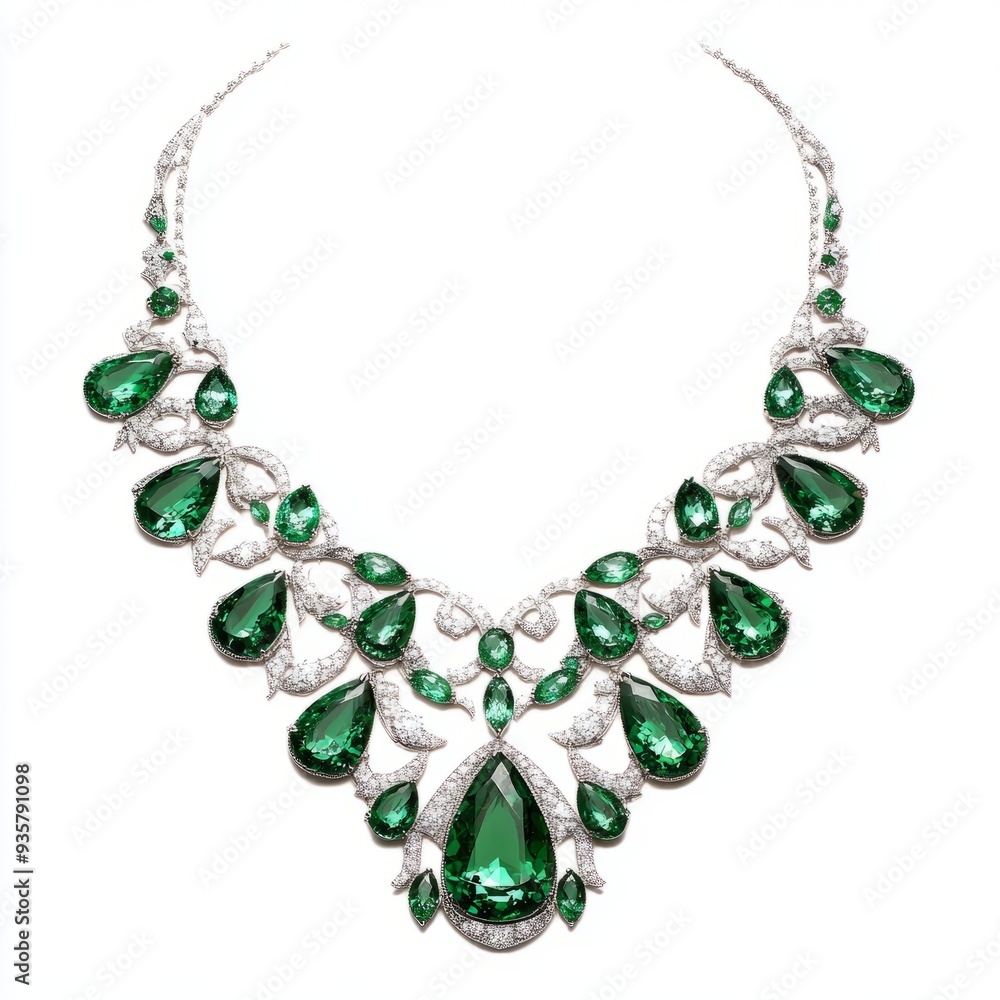 Obraz premium Emerald and Platinum Necklace: Lush Isle Design - Isolated on White Background