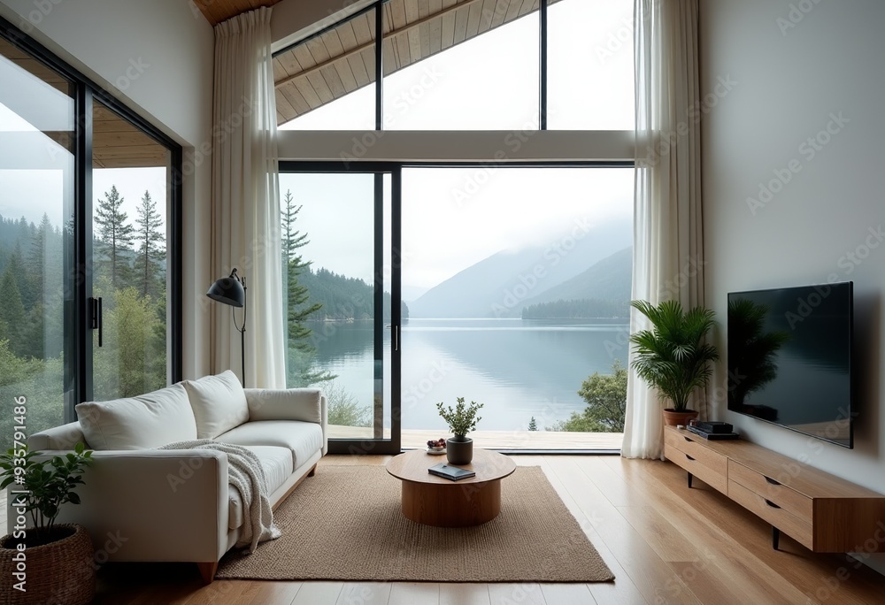 Moody Minimalist Bedroom: White Bed, Glass Fence, and Stunning Lake Views Moody Minimalist Bedroom: White Bed, Glass Fence, and Stunning Lake Views