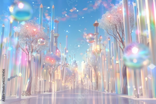 A futuristic crystal cityscape with sparkling trees and floating orbs under a serene, pastel sky photo