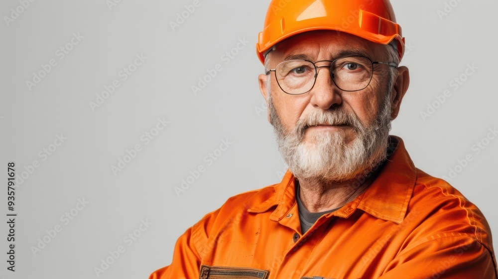 A man in an orange shirt and a hard hat is smiling A man in an orange shirt and a hard hat is smiling