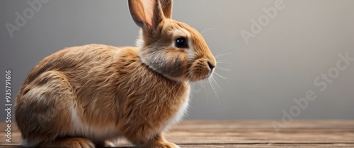 Close-up of a brown rabbit sitting on a wooden surface photo