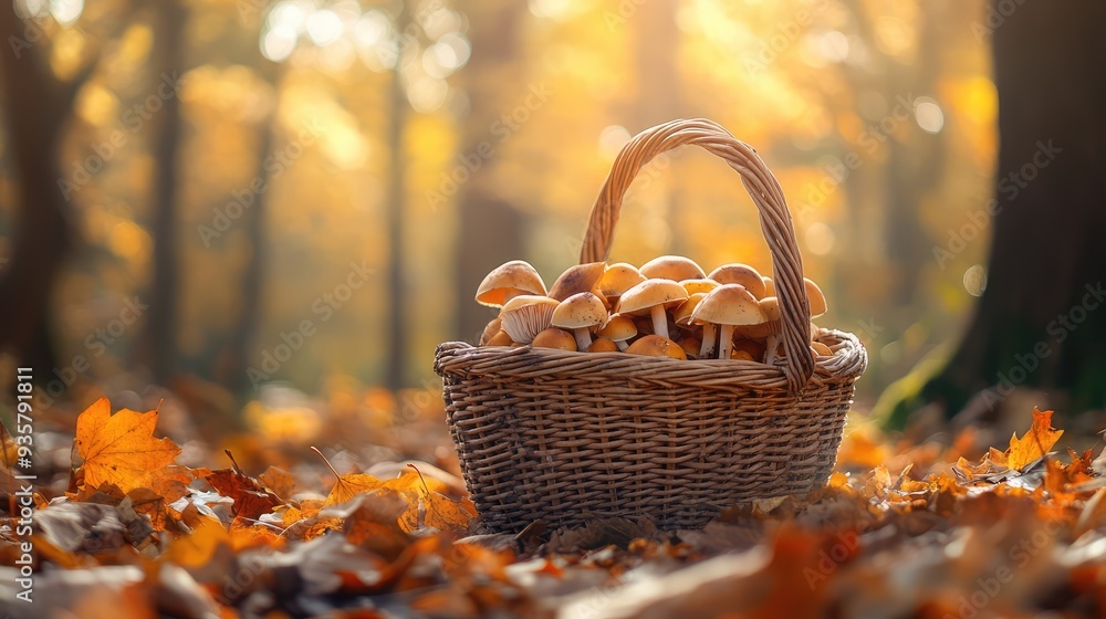 A wicker basket of mushrooms under a tree in an autumn forest. AI generation A wicker basket of mushrooms under a tree in an autumn forest. AI generation