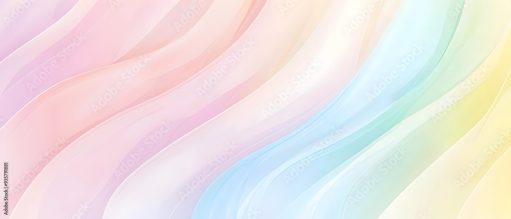 Fototapeta premium A flat vector illustration of a rainbow background in soft pastel colors, featuring a smooth gradient that transitions gently from one color to the next. The palette includes light shades