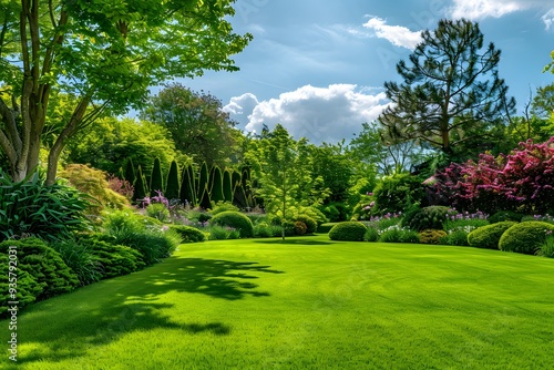 Lush Green Garden with Manicured Lawn, Colorful Flower Beds, and Tall Trees Under a Bright Blue Sky, Creating a Serene and Picturesque Outdoor Scene