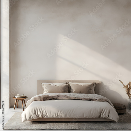 An empty wall opposite, a modern bed in front of the wall, a bedroom decorated in modern and light tones