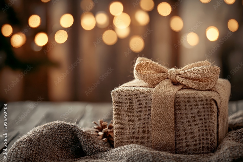 An image of a handcrafted gift box wrapped in burlap and adorned with a burlap bow, placed on a soft textile against a backdrop of warm, cozy festive lights creating a homely atmosphere. An image of a handcrafted gift box wrapped in burlap and adorned with a burlap bow, placed on a soft textile against a backdrop of warm, cozy festive lights creating a homely atmosphere.