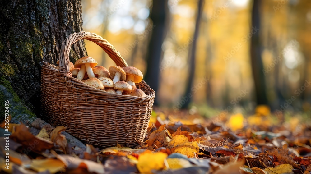 A wicker basket of mushrooms under a tree in an autumn forest. AI generation A wicker basket of mushrooms under a tree in an autumn forest. AI generation