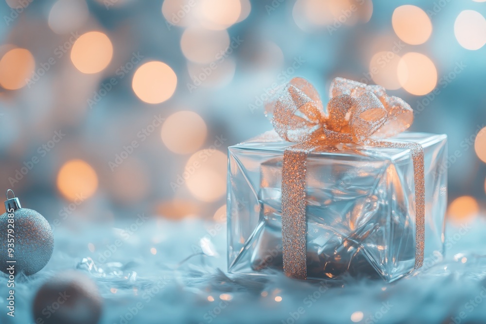 A crystal-clear glass gift box tied with a glittery gold ribbon, placed on a soft, fluffy surface with bokeh lights in the background, evoking a festive atmosphere. A crystal-clear glass gift box tied with a glittery gold ribbon, placed on a soft, fluffy surface with bokeh lights in the background, evoking a festive atmosphere.