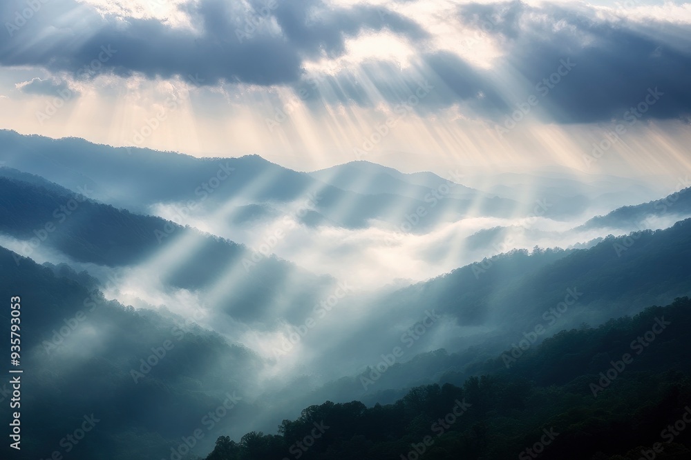 Panoramic View Of Smoky Mountain Ridges With Fog And Light-rays with generative ai Panoramic View Of Smoky Mountain Ridges With Fog And Light-rays with generative ai
