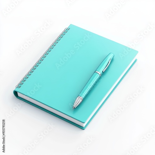 3D Render: Cyan Notebook and Pen on White Background