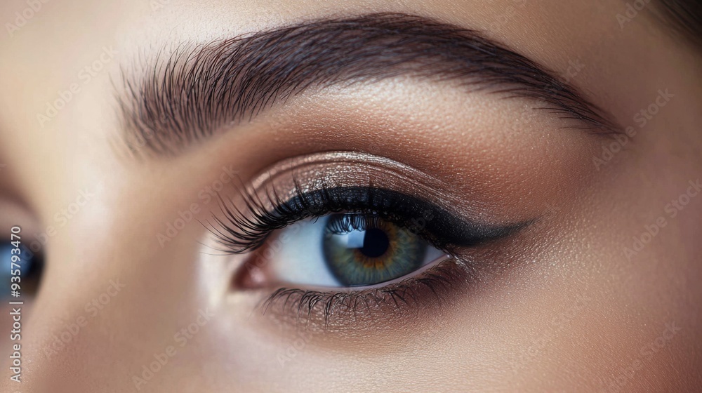 Obraz premium A woman showcases her beautifully made-up eye featuring subtle eyeshadow, defined eyeliner, and perfectly groomed eyebrows.