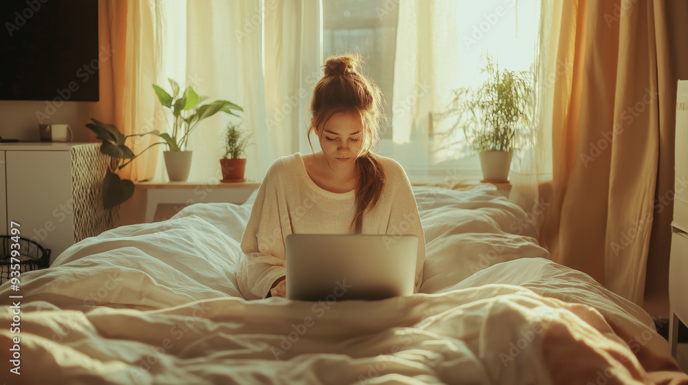Working from home in a cozy setting on a soft bed. Remote work on a laptop. Working from home in a cozy setting on a soft bed. Remote work on a laptop.