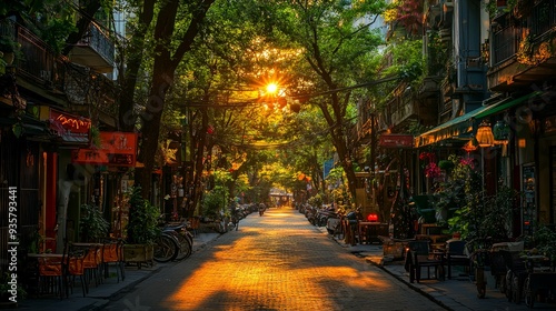 Sunlit Alleyway in a City with Shops and Balconies