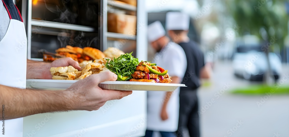 Naklejka premium A food truck with a server handing out freshly prepared street food to eager customers