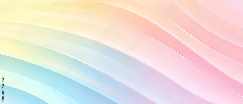 Obraz premium A flat vector illustration of a rainbow background in soft pastel colors, featuring a smooth gradient that transitions gently from one color to the next. The palette includes light shades