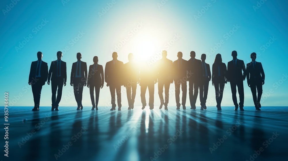 Silhouettes of businesspeople walking towards a bright future, symbolizing teamwork, success, and ambition. Silhouettes of businesspeople walking towards a bright future, symbolizing teamwork, success, and ambition.