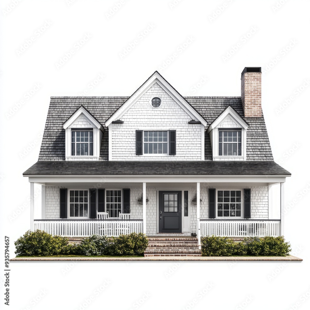 Photorealistic Cape Cod House Render: Coastal Style, Isolated on White Background Photorealistic Cape Cod House Render: Coastal Style, Isolated on White Background
