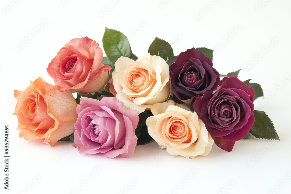 A charming bouquet of roses featuring a soft yet rich color palette of pink, cream, orange, and dark purple hues, celebrating the beauty and variety of this beloved flower. A charming bouquet of roses featuring a soft yet rich color palette of pink, cream, orange, and dark purple hues, celebrating the beauty and variety of this beloved flower.