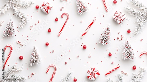 Abstract wallpaper with tiny Christmas trees and candy canes on a white background
