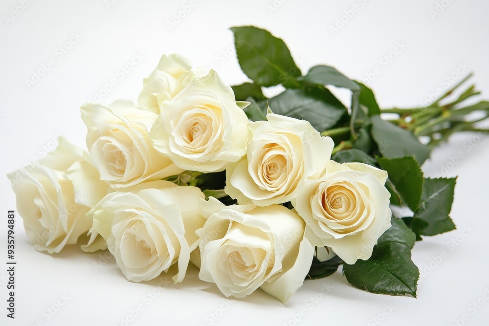 An elegant and fresh arrangement of white roses complemented by lush green leaves, delicately arranged and photographed against a plain white backdrop highlighting their beauty. An elegant and fresh arrangement of white roses complemented by lush green leaves, delicately arranged and photographed against a plain white backdrop highlighting their beauty.