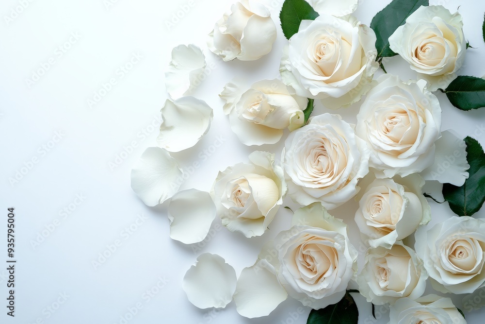 A charming arrangement of white roses with scattered petals displayed on a pristine white surface, creating an artistic and delicate visual experience with lush green leaves. A charming arrangement of white roses with scattered petals displayed on a pristine white surface, creating an artistic and delicate visual experience with lush green leaves.