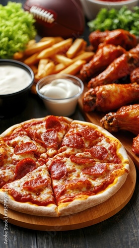 A vibrant array of football party food displayed on a table, showcasing pizza, chicken wings, a loose sauce, and fresh sides in a meticulously arranged presentation photo