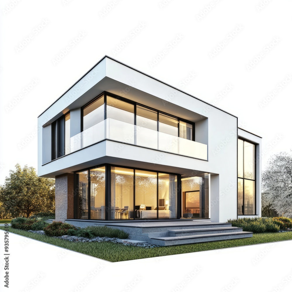 Fototapeta premium Photorealistic 3D Rendering: Modern House on White Background - Architectural Visualization