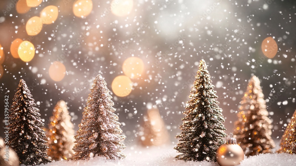 Pattern of tiny Christmas trees with shimmering ornaments and snowflakes in an abstract style on a soft background Pattern of tiny Christmas trees with shimmering ornaments and snowflakes in an abstract style on a soft background